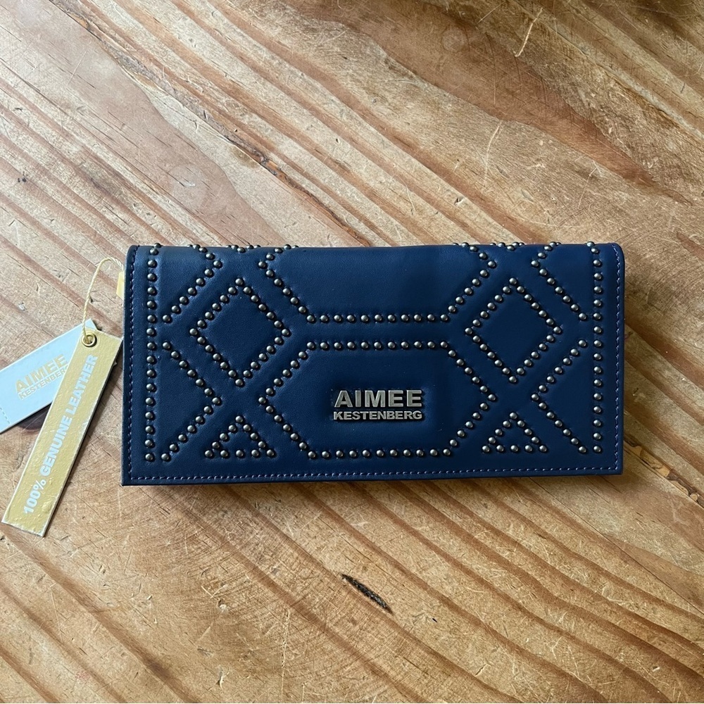 Aimee Kestenberg 100% Genuine Leather Wallet Navy Blue Studded NWT - Picture 3 of 11
